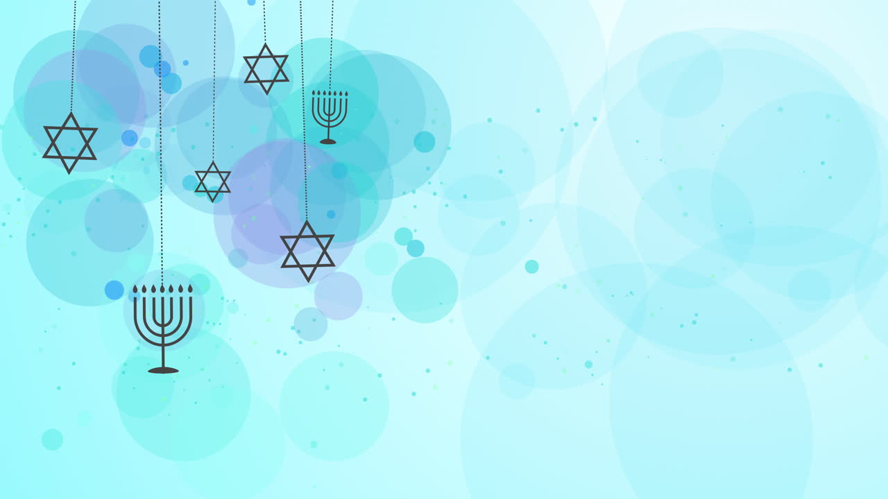 Icons of jewish symbols menorah and star of david. Abstract blue background with blurred circles. Looped video.