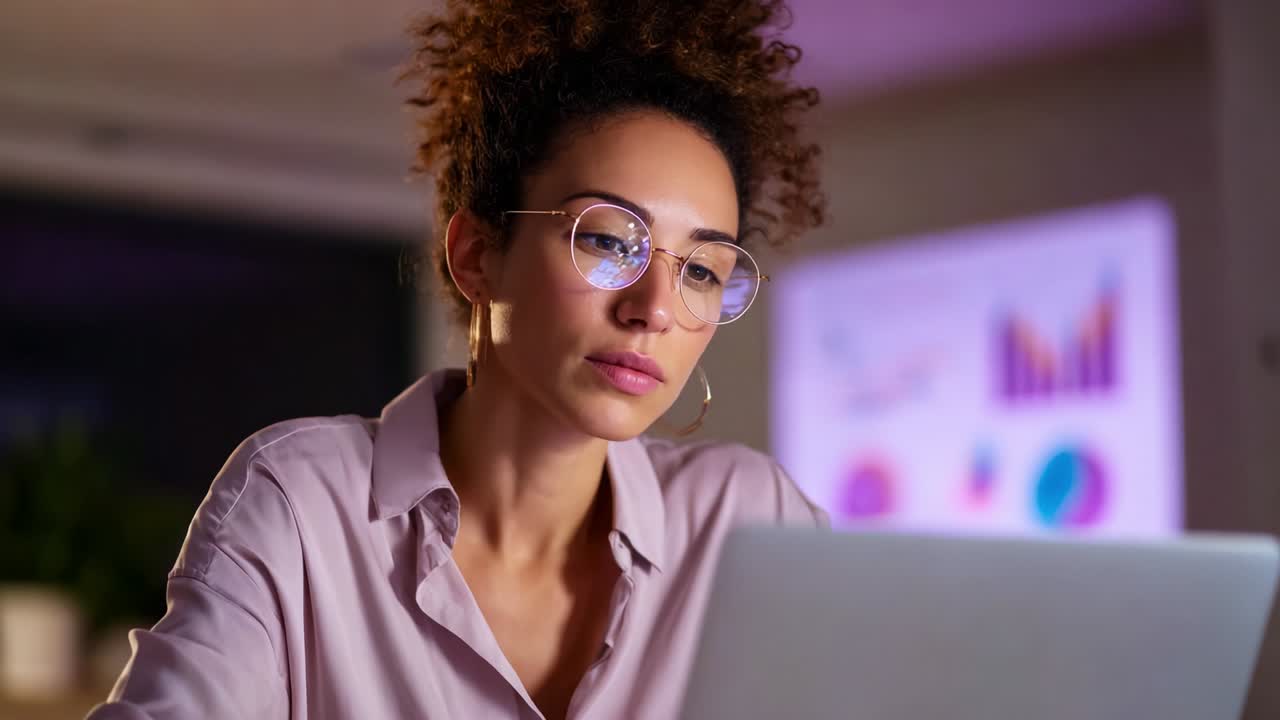 Focused Professional Woman Engaged in Work at Laptop with Charts in Background, Symbolizing Productivity, Technology, and Modern Workspace in a Contemporary Environment