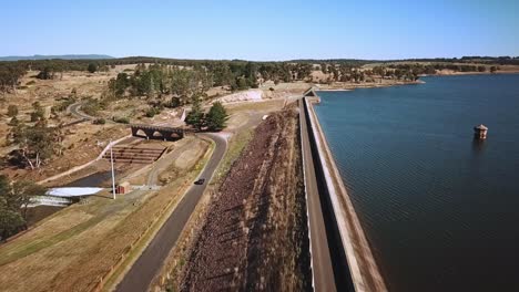 Aerial-view-of-the-Upper-Coliban-Reservoir-dam-wall,-central-Victoria,-Australia,-January-2019