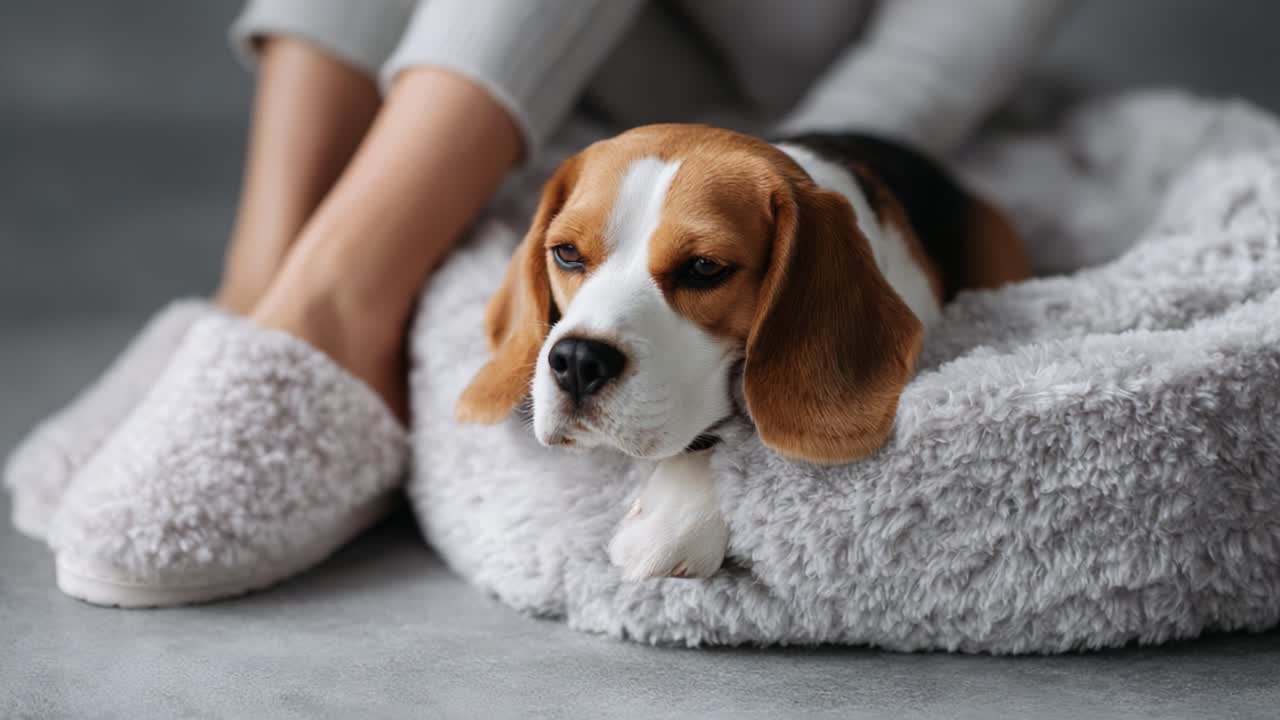 A Relaxing Moment: A Beagle Dog Lounges Comfortably on a Soft Bed at Home with Cozy Feet Nearby