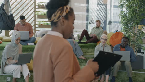 diverse team meeting in modern office space