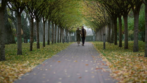 Glückliches-älteres-Paar,-Das-Im-Herbstpark-Spaziert