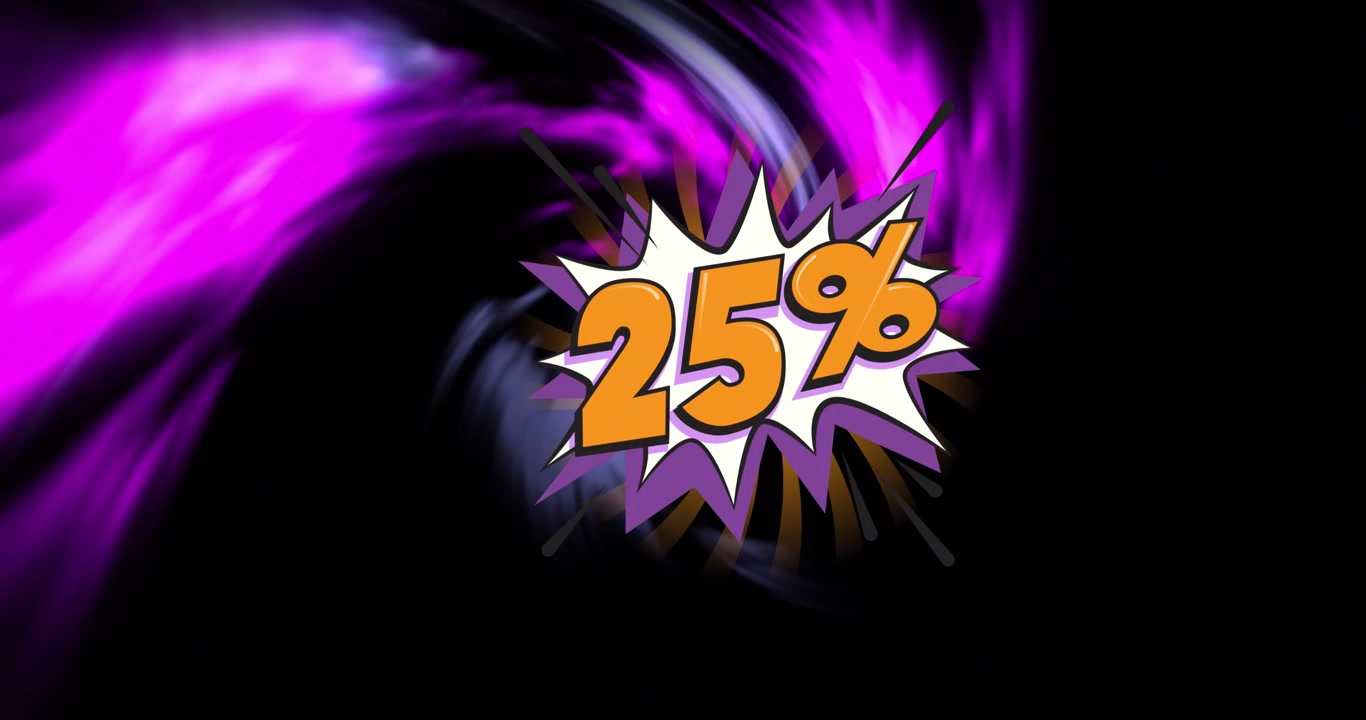25% sale banner with purple and pink light wave on black background.