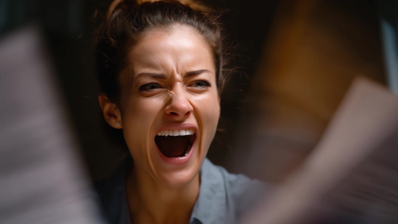 Una mujer expresando emoción intensamente mientras sostiene papeles, mostrando un momento poderoso de frustración o emoción, con una atmósfera energética y un enfoque en su expresión.