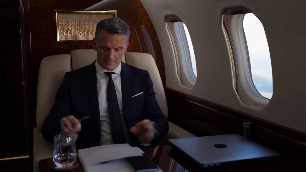 Uomo d'affari che lavora su un jet privato