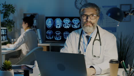 doctor working late at night in a medical office