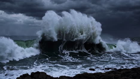powerful waves crashing on a rocky shore during a storm