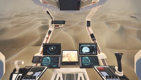 view from spaceship cockpit - flying over the desert sand