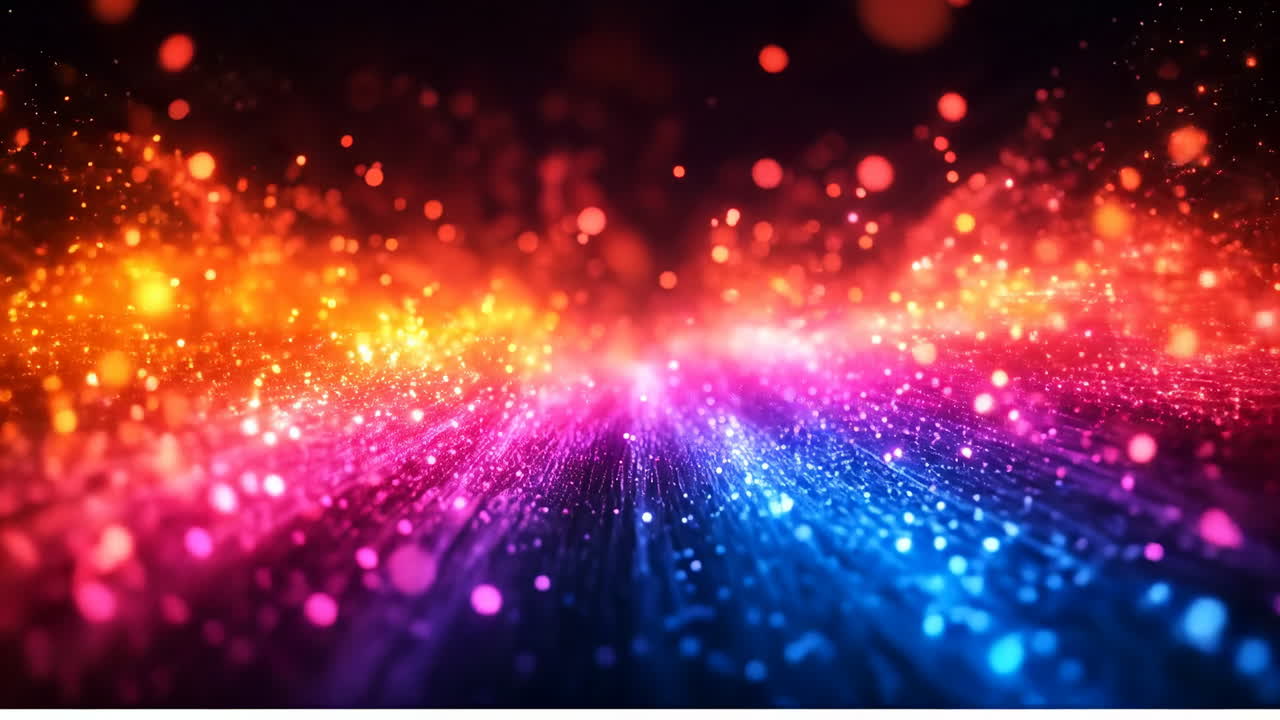 Vibrant light show with sparkles. Bright and vibrant lights create a swirling pattern of colors, resembling a festive celebration at night