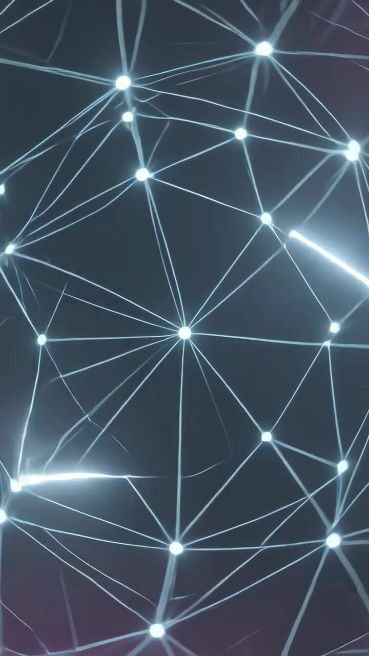Video verticale: Inquadratura iniziale che mostra nodi luminosi, linee sottili che pulsano e si diramano verso gli hub.