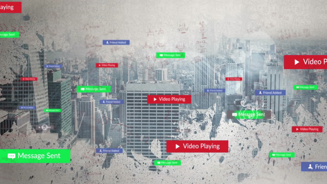 Animation of digital notifications overlaying cityscape, showing messages and interactions