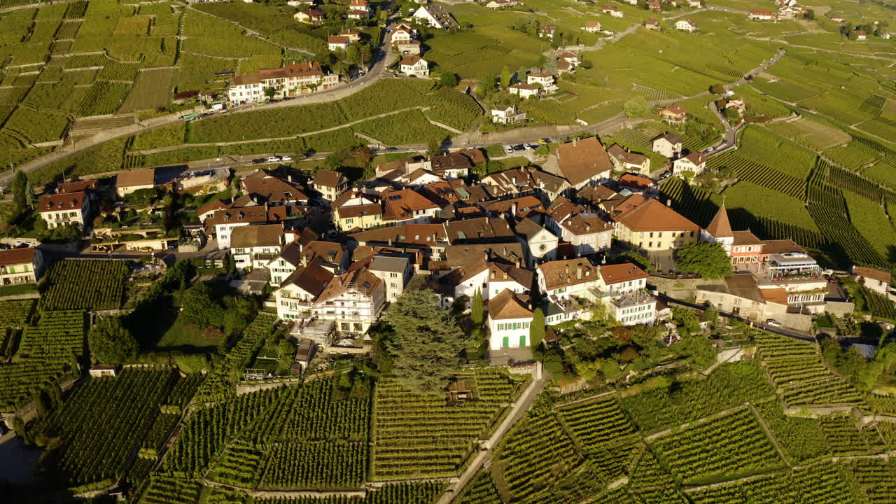 vista aérea del pueblo de grandvaux rodeado de viñedos en lavaux-oron, suiza