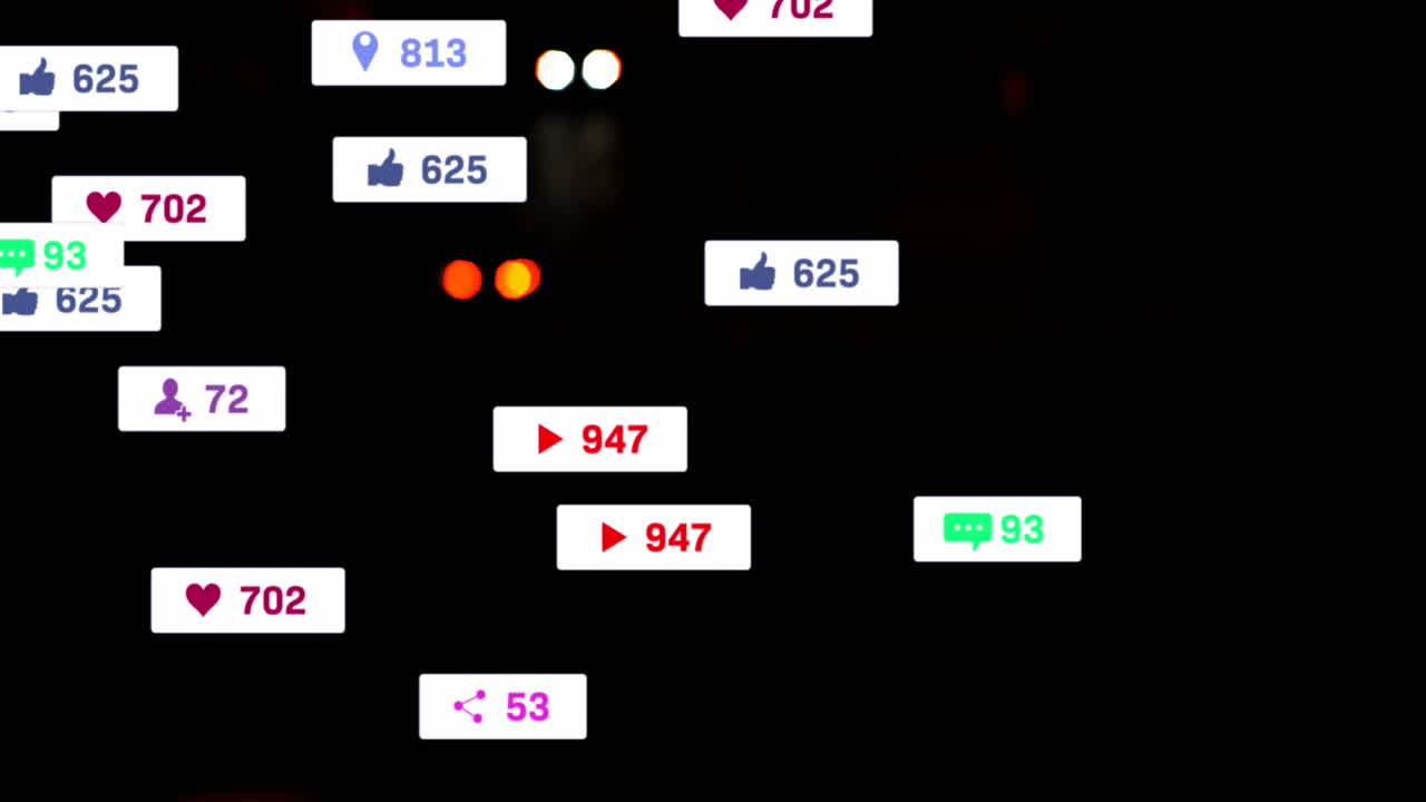 animación de iconos y números de redes sociales sobre luces de la ciudad fuera de foco
