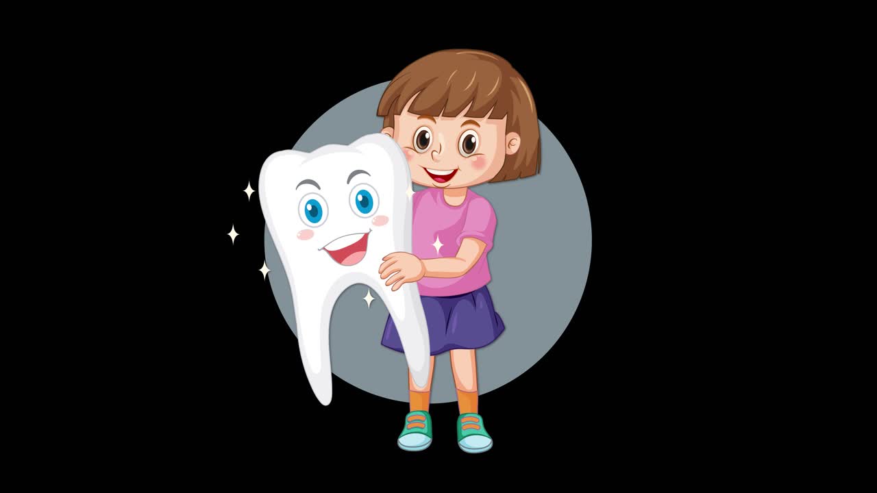 A cheerful young girl interacts with a large, friendly cartoon tooth, transitioning from neutral to smiling expressions with gentle hugging motions and sparkling effects