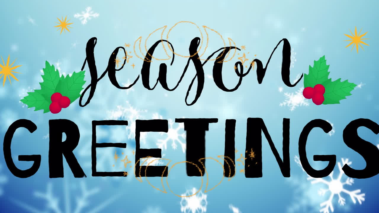 계절에 따라 떨어지는 눈송이의 애니메이션 파란색 그라디엔트 배경에 대한 인사 텍스트 배너