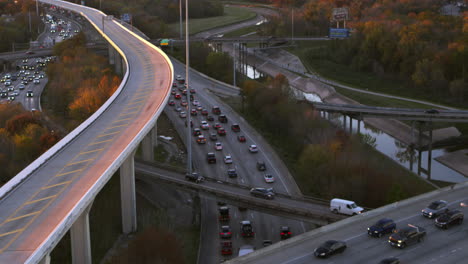 Drone-view-of-rush-hour-traffic-on-I-45-North-in-Houston,-Texas