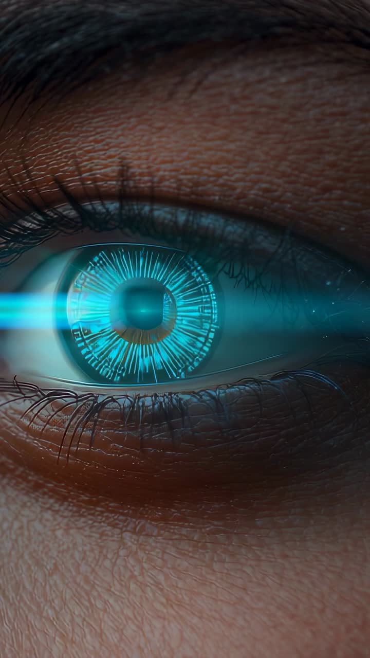 Video verticale: attivazione di un singolo occhio umano che mostra un HUD ciano, raggio mobile ravvicinato, scansione ID