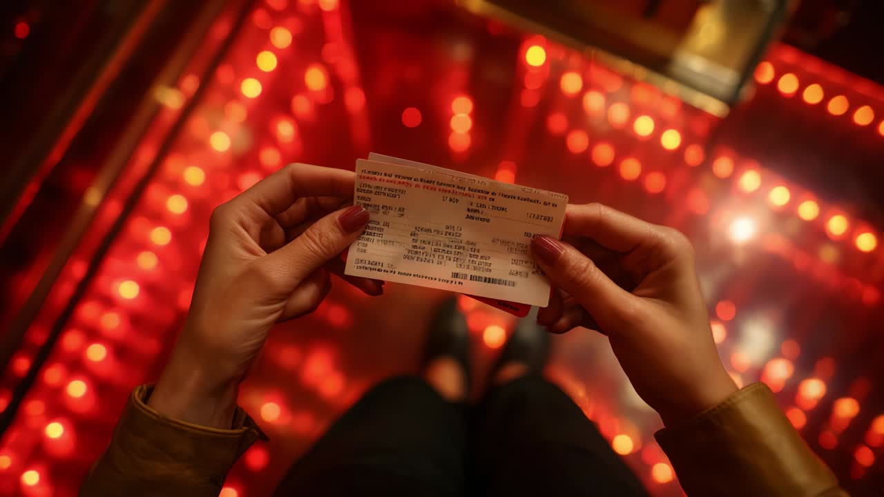 A close-up view of a person's hands holding a ticket, standing over a vivid red illuminated floor, capturing the anticipation and excitement of an upcoming journey or event represented by the ticket