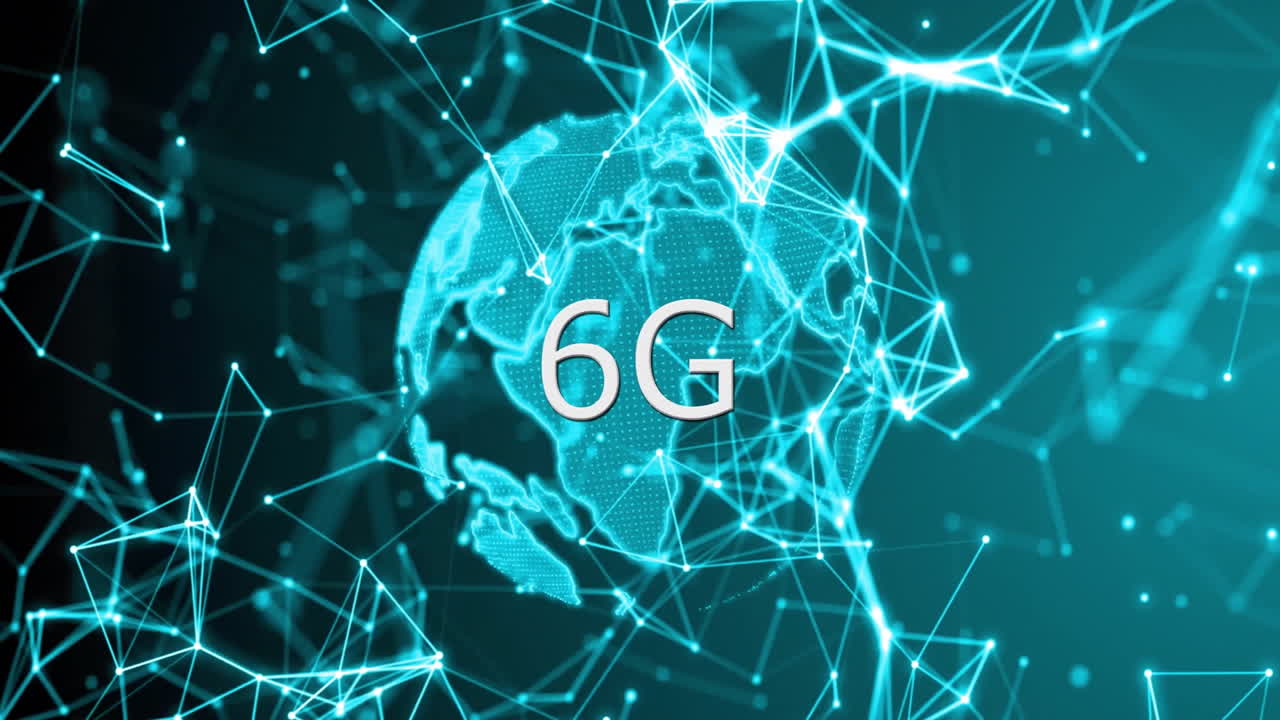 Digital network connections and 6G text over glowing globe animation