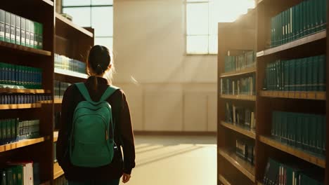 a young woman walks down an aisle of bookshelves in a library