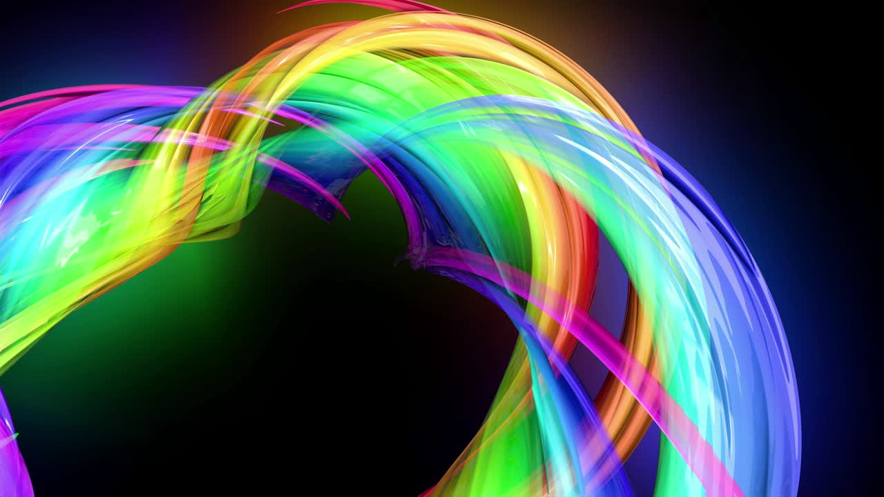 레인보우 컬러 테이프와 네온 빛이 원형으로 움직이는 4k 다채로운 루프 애니메이션, 라인과 리본이있는 추상적인 배경으로 루마 매트는 컴포지팅을위한 알파 채널로 포함되어 있습니다.
