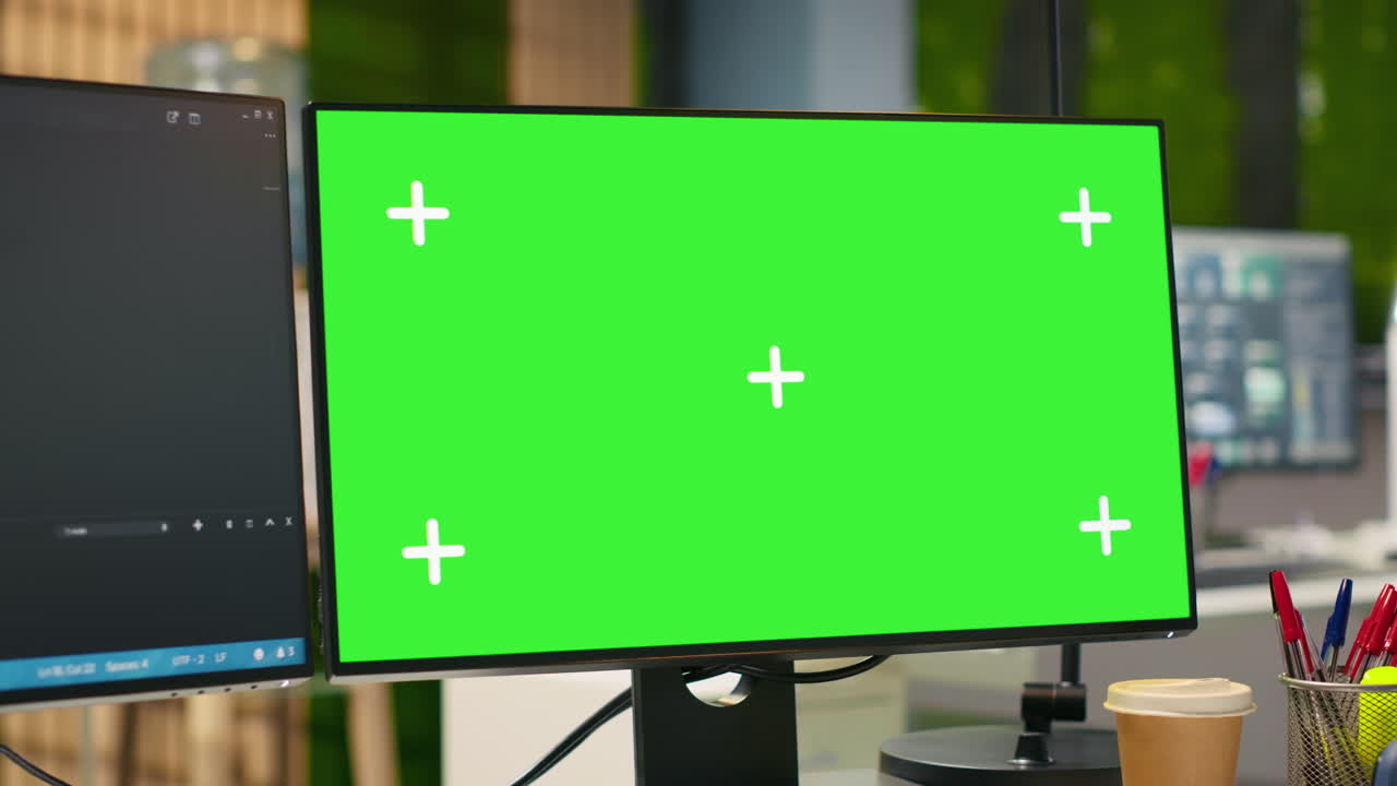 Empty Startup Office With Green Screen Pc And Artificial Intelligence Program