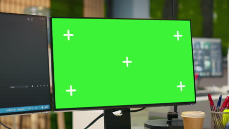 empty startup office with green screen pc and artificial intelligence program