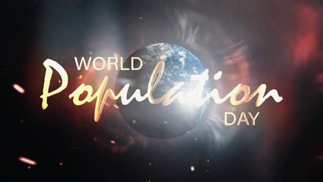 world population day seamless loop trailer title background concept. 4k 3d title of world population day golden text with cinematic smoke cloud and flare light and earth rotate for banner campaign.