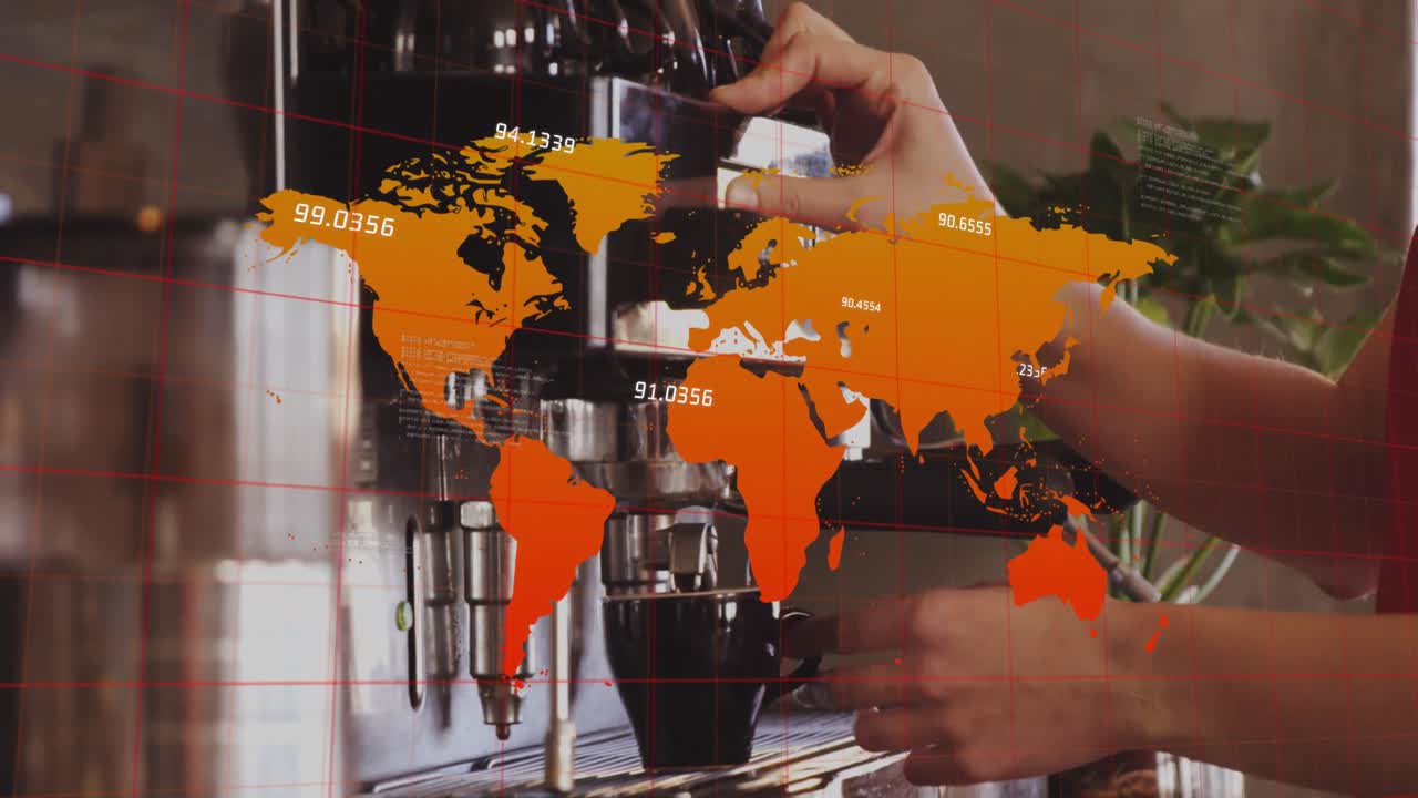 animación de mapa, números, manos recortadas de una mujer caucásica preparando café a través de una máquina de café