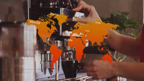 animación de mapa, números, manos recortadas de una mujer caucásica preparando café a través de una máquina de café