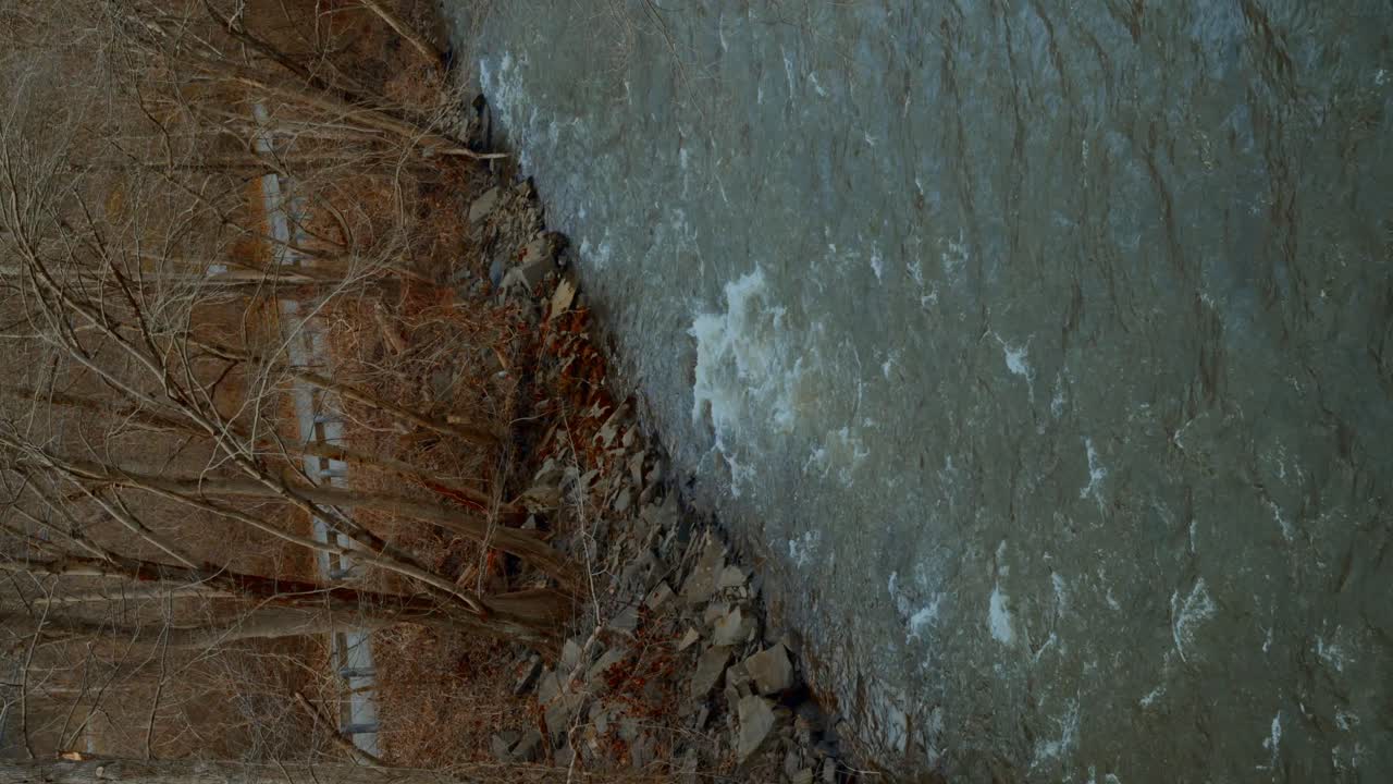 el agua del arroyo fluye a través de las rocas. video vertical
