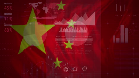 animación de datos financieros y gráficos sobre la bandera de china