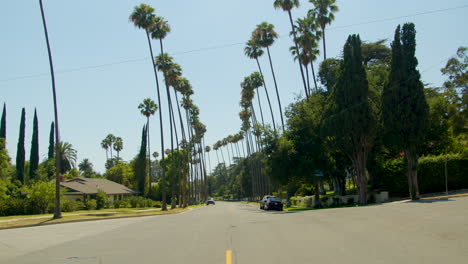 In-Altadena,-California,-a-light-breeze-blows-through-the-trees-at-the-intersection-of-Braeburn-Road-and-Mendocino-Lane,-twenty-miles-northeast-of-Los-Angeles-on-a-sunny-summer-afternoon