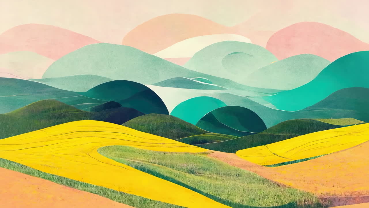 Vibrant Stylized Landscape of Rolling Hills and Yellow Fields