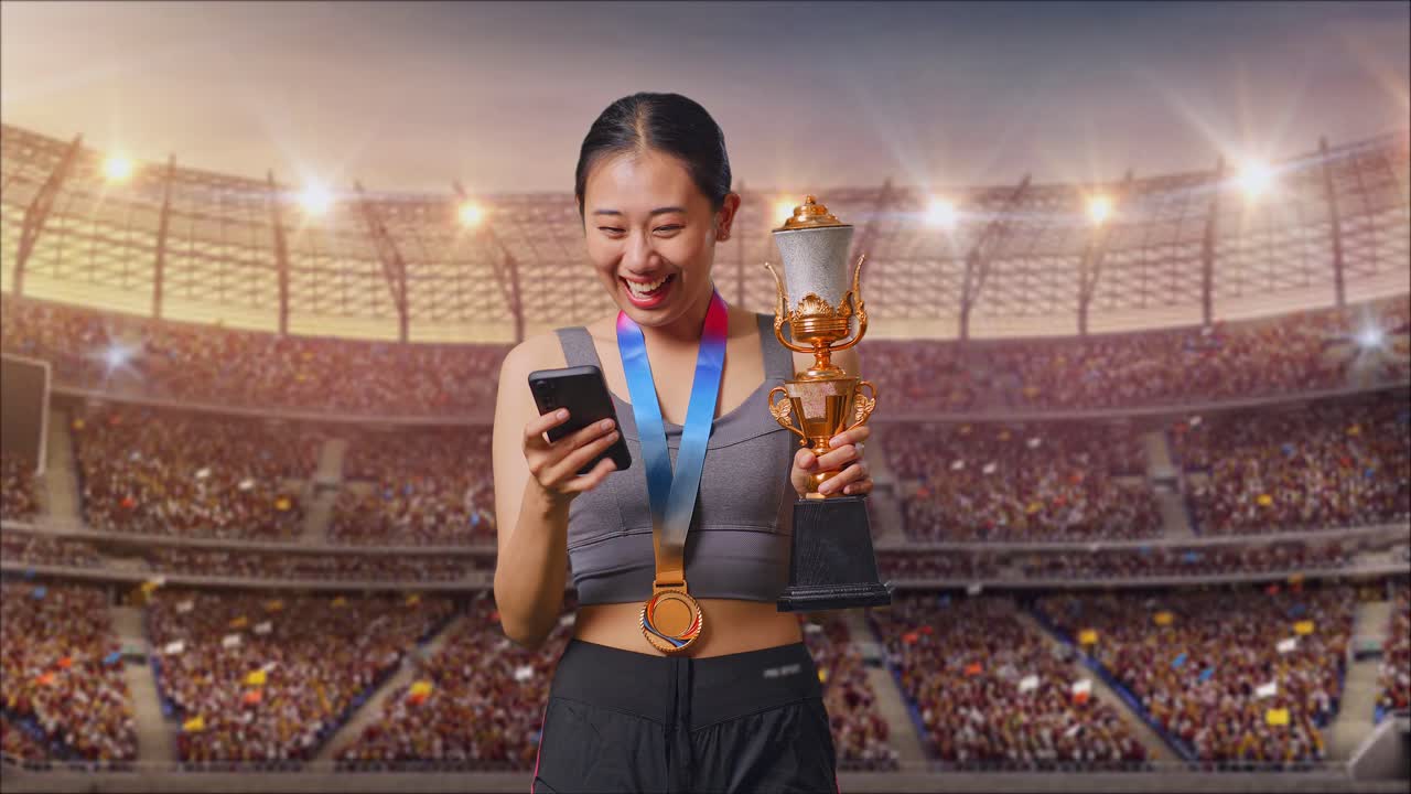 Asian Woman With A Gold Medal And Trophy Looking At Smartphone Then Screaming Goal Celebrating At The Stadium