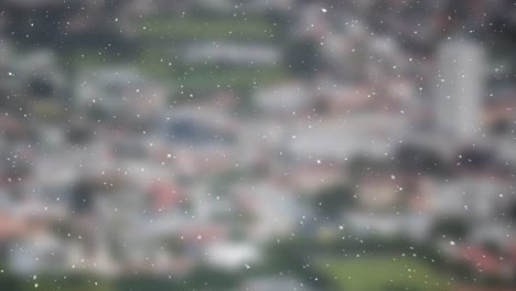 Animación-De-Nieve-Cayendo-Sobre-El-Paisaje-Urbano-Desenfocado-En-Segundo-Plano.