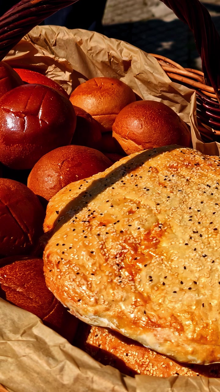 A variety of freshly baked bread in a wicker basket on display, close up.