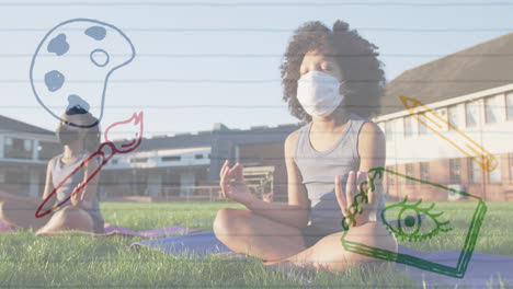 animation of art icons drawings over girl sitting on grass wearing face mask meditating