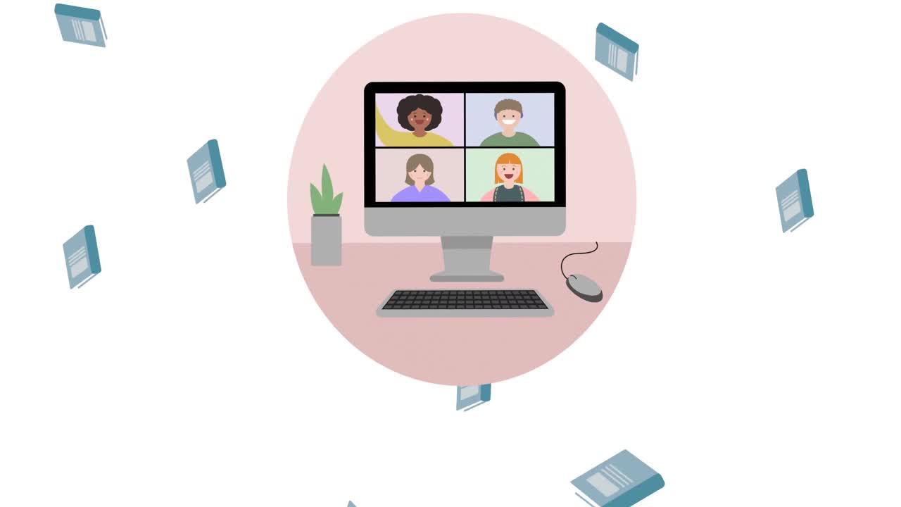 Animation fallender grauer Notizbücher und eines Computervideoanrufbildschirms in einem pinken Kreis auf Weiß