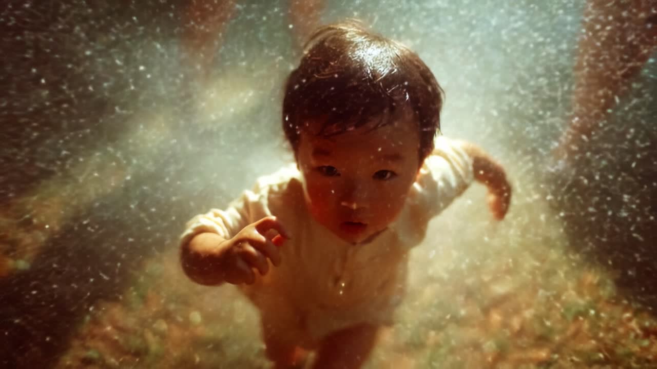 A joyful toddler experiences the magic of a sunlit water spray, giggling and splashing while exploring the enchanting world around them, creating memories filled with laughter and wonder
