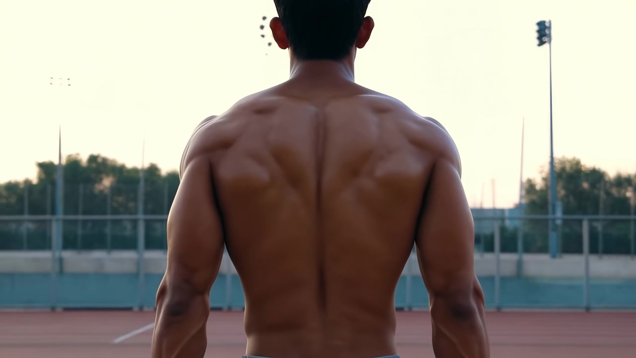 Atleta maschio a torso nudo in piedi su una pista all'aperto in una vista posteriore simmetrica, la calda luce dell'alba che delinea la schiena, le spalle e le braccia forti contro un ambiente tranquillo dello stadio, con atleta, maschio, a torso nudo