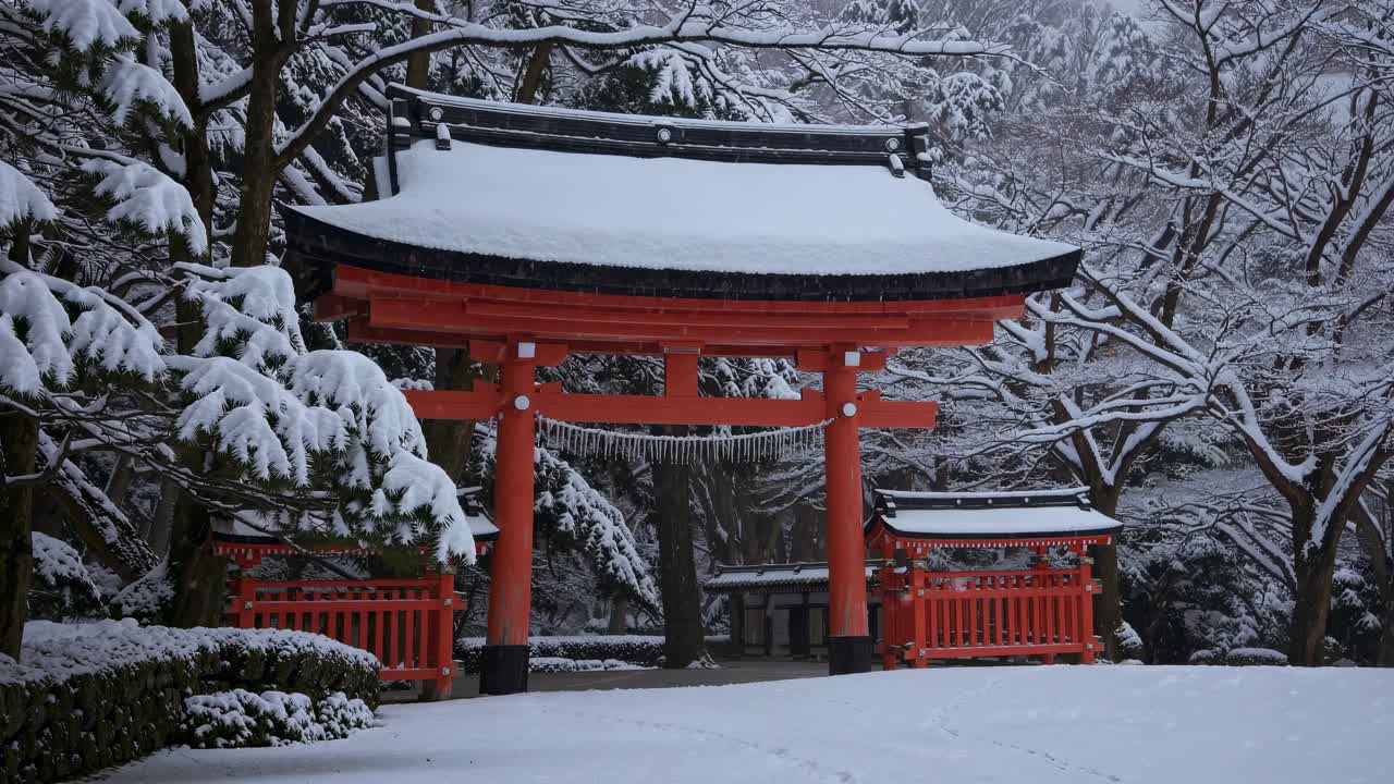A serene winter scene of a snow-covered Japanese torii gate, captured at eye level