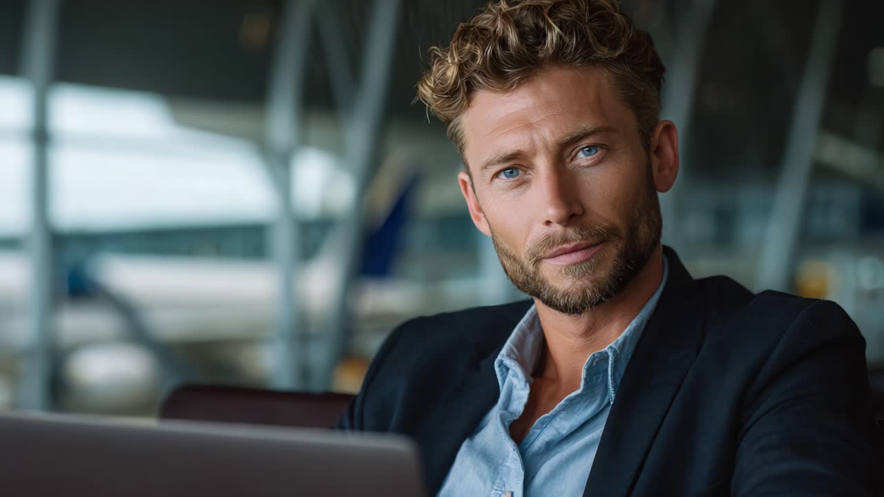 Confident business professional working on laptop at airport lounge, focused and engaged in important task while surrounded by modern travel environment