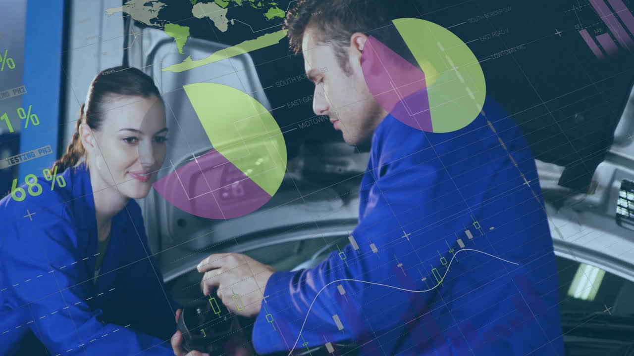Female mechanic holding part as male mechanic tightening engine under hood with floating charts