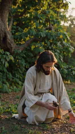 gentle mannered jesus kneeling in wooded landscape, carefully cradling small bird within cupped hands, expressing profound compassion and spiritual connection with delicate nature