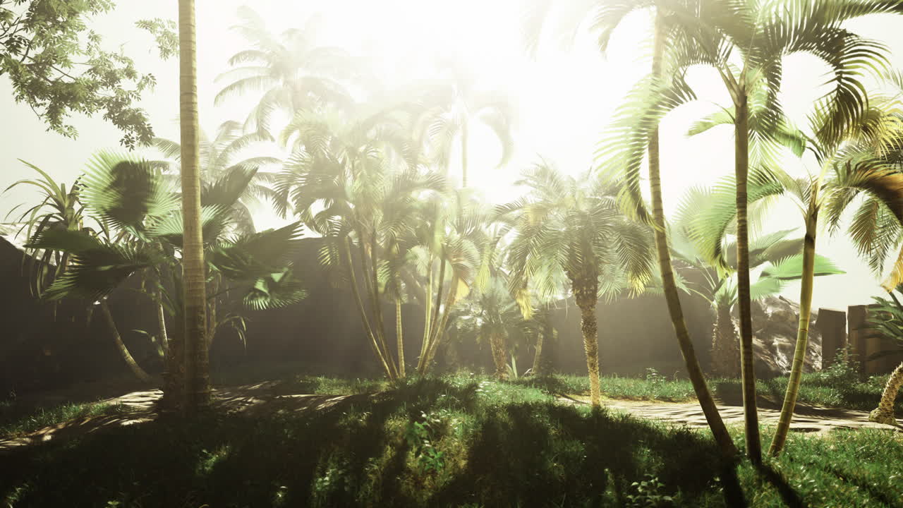 Tropical garden with lush palm trees and sunlight filtering through leaves