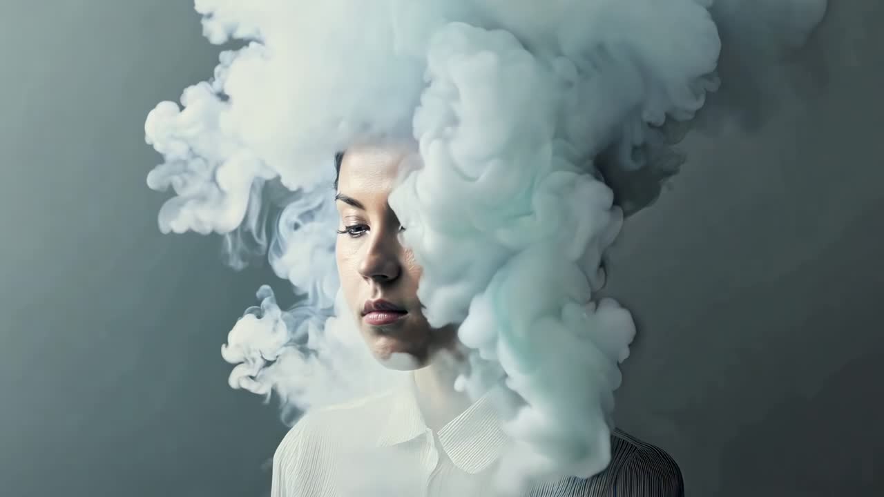 Surreal video concept with a person obscured by clouds. Shot from a front angle, blending reality
