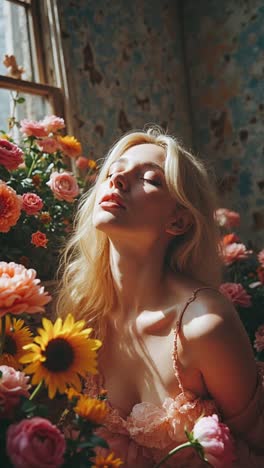 woman surrounded by flowers in a floral setting