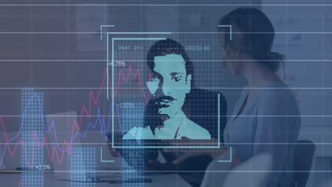 animation of digital profile picture, multiple graphs, diverse female coworkers discussing on desk
