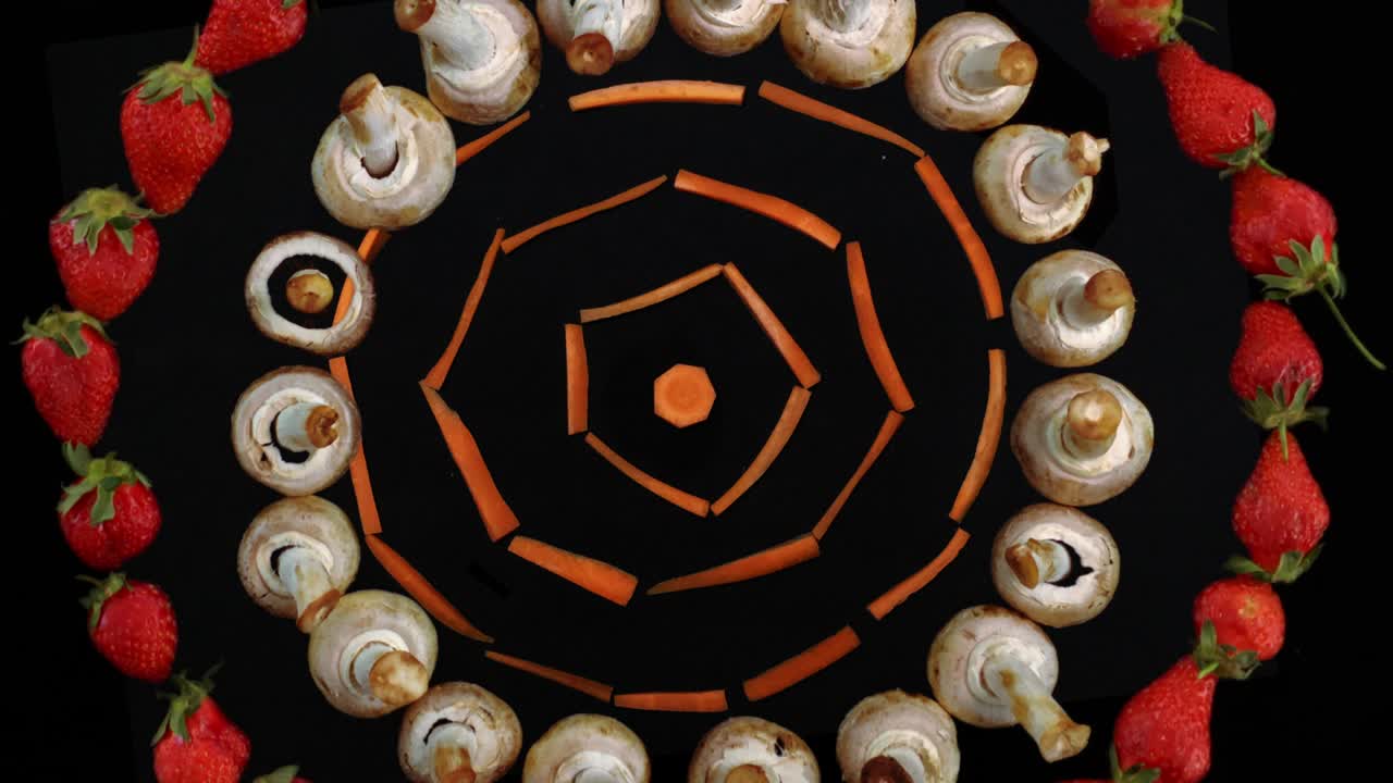 신선한 딸기, 당근, 버섯과 함께 건강한 식사 애니메이션 배경. 채소에서 만들어진 예쁜 디자인 아트워크와 함께 재미있는 스 모션 애니메이션.